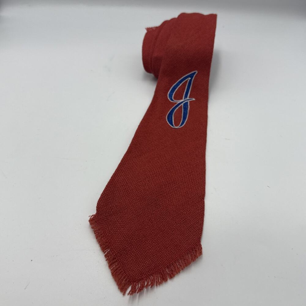 Vtg Rockabilly ‘J’ Embroidered Monogram NeckTie Hipsh VTG Woven Red Fringe 50x4